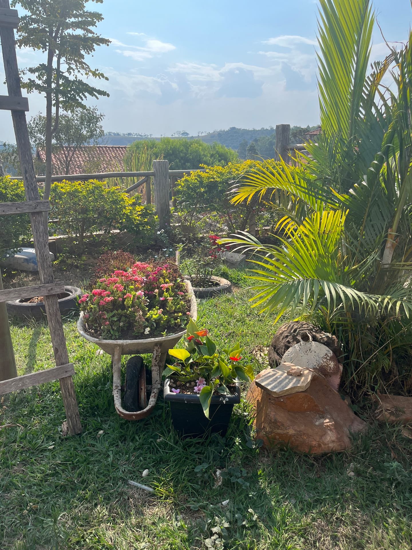 Jardim da Casa Borboleta Azul com carrinho decorativo de madeira e flores